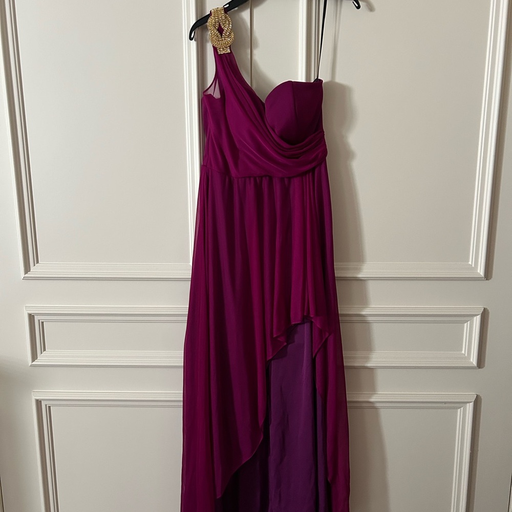 Xscape Magenta One Shoulder Ruched High-Low Dress - Picture 3 of 4